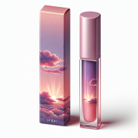 Product image of Lipgloss. Theme is a magical, dreamy sunset vibe. Product has an elongated opaque tube with round cap. Specifications for Aeradyth Cloud Kisses Lip Gloss – Sunset Cloud Effect:  1. Tube Gradient Top 75%: Lilac (#B39BE6) Bottom 25%: Dreamy Pink (#F6B8D0) Transition: Smooth vertical blend  2. Sunset Cloud picture Overlay Placement: Middle section of the tube (\~25–50% of the height) Pattern: Wispy clouds, soft and airy Colors:  Soft pink (#F6B8D0)  Lavender/purple (#CBA2E8, optional highlight)  Subtle golden accents (#FFD58F) for sun-ray effect Opacity: Low (\~5–10%) so it remains ethereal Style: Clouds look like sunset rays painting the sky, diffused and dreamy  3. Finish Fully matte, opaque tube Matte finish softens the cloud effect, making it feel like a dreamy, soft sunset captured in pastel colors  4. Branding & Text Logo (Aeradyth), collection name (Cloud Kisses), and product type (Lip Glosses) font remain white for maximum contrast