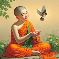 A 2D digital illustration of a young Buddhist monk in orange and green robes, sitting peacefully with a gentle smile, releasing a small bird from his hands. The bird is flying upward, symbolizing freedom and compassion. The background is soft and simple, with greenery and a warm, serene atmosphere.