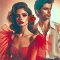 #retro#comment#Dm_for_retro  Transform this couple photo into a vibrant retro 90s Bollywood-style portrait. The woman is wearing is red elegant translucent saree with red rose behind on her right ear and dramatic eyeliner, red lipstick, and voluminous 90s-style hair. The man is wearing 90s Bollywood-inspired clothes -think white translucent shirt, Formal pants, and classic sunglasses. The ovefall mood is romantic and cinematic, with soft glowing light, film grain, and a slightly faded vintage co
