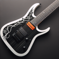 Je viens d'acheter une Ibanez AZ Prestige, mais j'aimerais refaire la peinture pour la faire personnalisé, j'aimerais un style un peu noir blanc avec des touches de orange. J'aimerais un long rosier sur la guitare. J'aimerais un style minimaliste. Fait moi le design qui sera sur la guitare