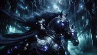 A hyper-realistic full-body image of the Celestial Dark Knight, a powerful and enigmatic cosmic warrior clad in intricately detailed armor shimmering softly with starlight. He rides a majestic dark horse, enhanced with imposing, ornate armor plates etched with cosmic runes. They move through a mystical, shadow-filled forest thick with swirling fog. The horse's armored body gleams subtly, accentuating its muscular build, and its eyes glow fiercely, piercing the dense mist. The knight’s nebula-patterned cloak trails behind him, billowing gently in the ethereal breeze. His helmet partially conceals his face, revealing only glowing cosmic eyes that hint at immense power and mystery. Ancient twisted trees surround them, their branches creating an atmosphere of dark enchantment and cosmic majesty.