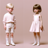  A boy and one girl wear the same a light pink dress and white pantyhose white ballerina flats, has light blonde short hair, full body view