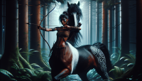 A fierce female centaur archer stands in a mystical forest. Her entire body, including her face and upper torso, shares the same rich brown color and smooth, velvety texture as her horse half, creating a seamless blend between human and equine form. Her features are strong yet beautiful, with deep eyes and long, dark hair flowing behind her. She wears minimal tribal-style leather garments that accentuate her natural form. She draws a bow with intense focus, ready to strike. Intricate black ancient engravings mark her horse body from legs to flanks. The forest glows with golden light filtering through tall trees, surrounded by ferns and mushrooms. Cinematic lighting, fantasy realism, detailed textures, 16:9 aspect ratio.