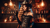 Steampunk cowgirl in a dark 19th-century saloon, wearing an ornate black corset with golden details, matching gloves, and a tall top hat adorned with glowing blue gears and gems. She holds a vintage revolver confidently, with intricate accessories on her thigh and neck. Her expression is fierce yet elegant, with long wavy blonde hair and dramatic makeup. Warm, moody lighting from oil lamps casts shadows across a smoky, wood-paneled saloon filled with old bottles, gears, and brass pipes. Victorian-meets-Wild-West style, cinematic composition.