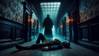 A body of a young Victorian man lay in the hallway of a dark abandoned Victorian house, the shadow of another older man stood menacingly over him, in a Penny Dreadful comic style. Make the image scary and mysterious. 