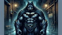 A dark, ultra-stylized image of a mythical hybrid creature—part Batman, part hippopotamus—lurking in a shadowy, narrow city alley at night. The beast has the massive, armored body and thick hide of a hippopotamus, fused with Batman’s iconic cowl, pointed ears, and flowing black cape. Its eyes glow faintly beneath the mask, exuding intelligence and menace. Black gauntlets with sharp bat-like fins adorn its powerful limbs, and the bat symbol is etched into its wide chest. Steam rises from sewer grates, neon lights flicker above, and rain trickles down graffiti-covered walls. The atmosphere is moody and gothic, like a scene from a dark superhero noir, capturing the sheer power and mystery of this creature of the night.