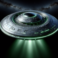 silver alien spaceship with green light under black background