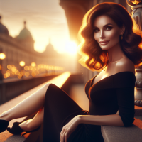 A 42-year-old elegant woman with auburn wavy hair, sitting on a decorative stone balcony during golden hour. She wears a sleek black dress and high heels, offering a friendly, confident smile. Warm, soft sunset light creates a glowing rim light effect, beautiful bokeh of city lights in the background, sophisticated and serene mood, professional photography.