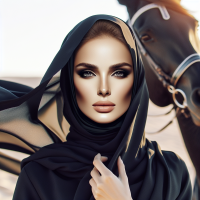@Ully:Prompt: buatlah wajah ini seperti dimake up ala rabaic,pakai abaya hitam hijab hitam panjang seperti tertiup di tengah gurun pasir ,buatlah foto serealistis mungkin dan jangan mengubah bentuk wajah .berikan sedikit efek cahaya matahari terbenam berdiri memegang kuda