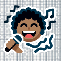 Une personne souriante avec les yeux ouverts chante debout dans un micro, avec des notes de musique autour de la tête.   Variante : cheveux bouclés.   Style pictogramme AAC, dessin animé doux, traits simples, 5 doigts séparés, couleurs vives, fond transparent.