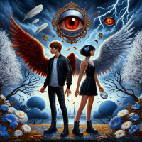 Crea una portada de novela juvenil de fantasía: Dos siluetas de adolescentes (un chico con cabello desordenado y rebelde, una chica fuerte con cabello corto tipo hongo sosteniendo un florete plateado) de pie frente a un árbol tajy paraguayo floreciendo en azul y blanco, bajo un cielo tormentoso con relámpagos. Al fondo, un espejo antiguo roto refleja alas de ángel rotas y un ojo rojo brillante flotando. Estilo épico místico con toques románticos, colores dominantes: azul noche, dorado y rojo sangre. Añade runas guaraníes sutiles en los bordes. Alta resolución, atmósfera juvenil y misteriosa, como portada de Wattpad.