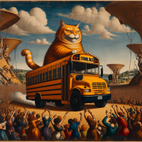 Garfield gatodriving a school bus in a rock concert, Painting by Leonardo Da Vinci