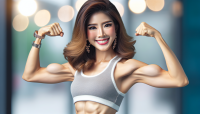 A stunningly beautiful, cute akb48 female idol smiling and looking at the viewer. She is flexing her huge biceps