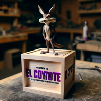 Create a 1/7 scale commercialized figurine of the characters in the picture, in a realistic style, in a real environment. The figurine is placed on a workbench. The figurine has a square birch base, with el Coyote (Text color is Bright Purple) . А workshop is visible behind the workbench.