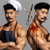 Asian, strong, BBQ chef, barber hairstyle, short mustache 