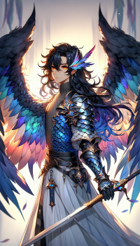 Paladin in cobalt colored scale mail armour without sleeves and forearm protectors and flowy clothes, hair style like lusamine has from pokemon but black with splashes of aurora color, wings on the back are a mix of owl and dragon in color similar to hair, holds a double-sided glaive in color similar to armour, eyes are amber with cross-like pupils