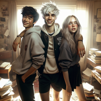 Teenage triplets mischievously smiling and dramatically posing cutely and clumsily with exaggerated hand gestures in the middle of a messy bedroom with books papers an clothes scattered around  scattered around sunlight streams through the window and the bedroom is very messy. a girl stands to the right with her laughing adorably an blushing she has long white wavy hair with silver and grey stripes going through it and piercing green eyes wearing a cute hoodie and skirt posing adorably she is very cute and beautiful. A boy grinning with all his teeth stands in the middle with a curly silver hair and icy deep big blue eyes wearing black shorts and a baseball jacket with a big letter “S“ holding a soccer ball with one hand. Another boy stands to the left with his mouth open in awe excitment and posing with ecstasy has aquamarine eyes a perfect mix of blue and green eyes he has fluffy perfectly  tousled white hair and porcelain skin wearing an adorable sweater and pants. Generate this image and follow the prompt clearly and strictly. In a very detailed and high quality anime style that looks amazing
