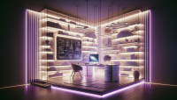 A slightly futuristic room with a bookshelf, empty, and shelves above the desk, also empty, with a glass-like appearance. There is a board, slightly next to the desk, also empty. LED strips glowing in violet color. The floor is visible. There is also a comfortable chair. Nothing is on the shelves or the bookshelf.