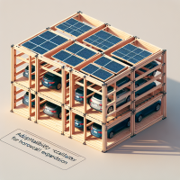 design a modular frame in wood that can be expanded horizontally, easily.  It has to be able to take 2 cars per bay and on top it is to have a covering of typical solar PV modules 