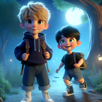 3D animated style, Pixar Disney cinematic render, two young brothers on a magical adventure. Faruq: young boy around 9 years old, blond messy hair, round cheerful face, wearing dark blue hoodie, long denim jeans, white sneakers, small dark backpack, standing confidently, curious and calm expression. Fathir: young boy around 8 years old, short black hair with bangs, bright green eyes, expressive happy face, wearing plain black t-shirt, denim shorts, black sneakers, small gray backpack, energetic and playful pose, full of wonder. Scene: At night, the full moon shone brightly. A strange light shimmered from behind a large tree. The camera zoomed in on their curious expressions. Soft lighting, magical adventure atmosphere, highly detailed, cinematic render, enchanting vibe.