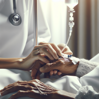 4K ultra HD, photorealistic. An intimate close-up shot of a senior experienced nurse's hands as she gently adjusts the IV drip of an elderly patient. The patient's hand is visible on the white bedsheet. The focus is on the nurse's skilled, caring hands, her wedding band, and the details of the medical equipment. Soft, sidelit lighting creates a compassionate and hopeful mood. Sharp focus, incredible detail