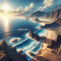 crea una imagen de una costa de canarias, rocosa y con playa