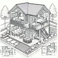 Suggest a split level accessible dwelling unit cottage floor plan comprised of the lower level measuring 16ftx22ft with a common living area, bedroom, bathroom and kitchen and patio and the upper level measuring 14ftx18ft and comprising a bedroom and bathroom. The unit should be easily convertible between single bedroom accommodation for two individuals  or two bedroom accommodation for a small family. The two levels should not overlap but be joined by stairs at the main patio.  Complete the suggestion with an outline drawing.
