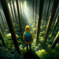 A timid schoolboy of 10, in yellow raincoat and a blue backpack gets lost in a vast forest during a summer camp. In long distant view, with a tiny figure and a vast forest background.