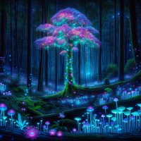 Crea un bosque mágico bioluminiscente 